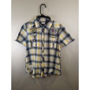 Harley Davidson Men’s Short Sleeve Plaid Button Up Snap Buttons Patches - Sz M